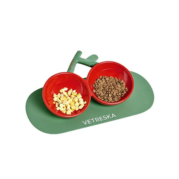 VETRESKA-Cherry Ceramic Double Bowl + Placemat