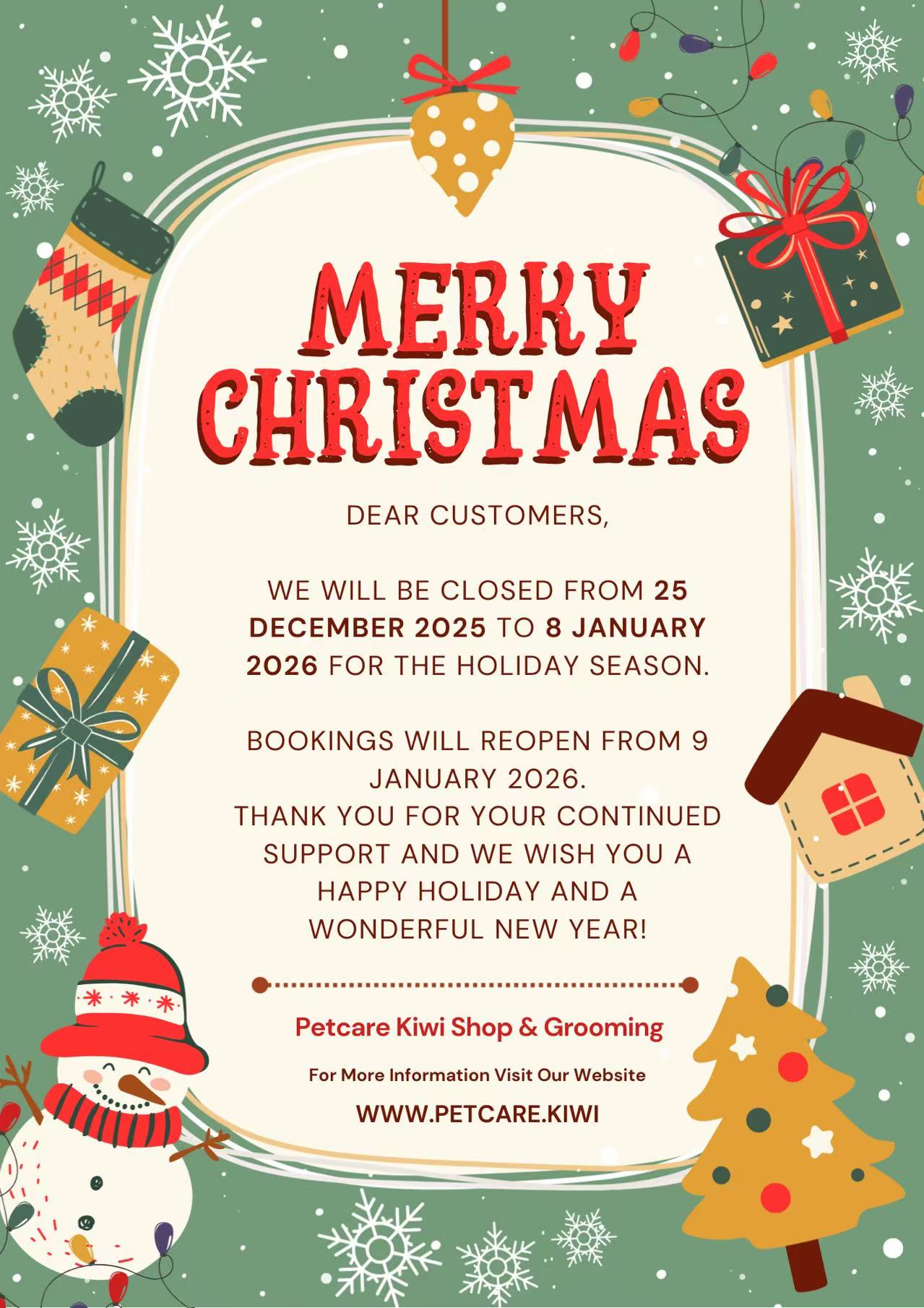 Petcare Kiwi Shop & Grooming Holiday Closure