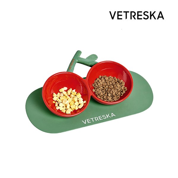 VETRESKA-Cherry Ceramic Double Bowl + Placemat